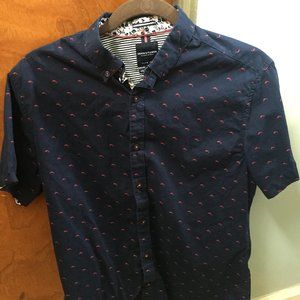 Men's Navy Short Sleeve Button Up w/Red Fish Print